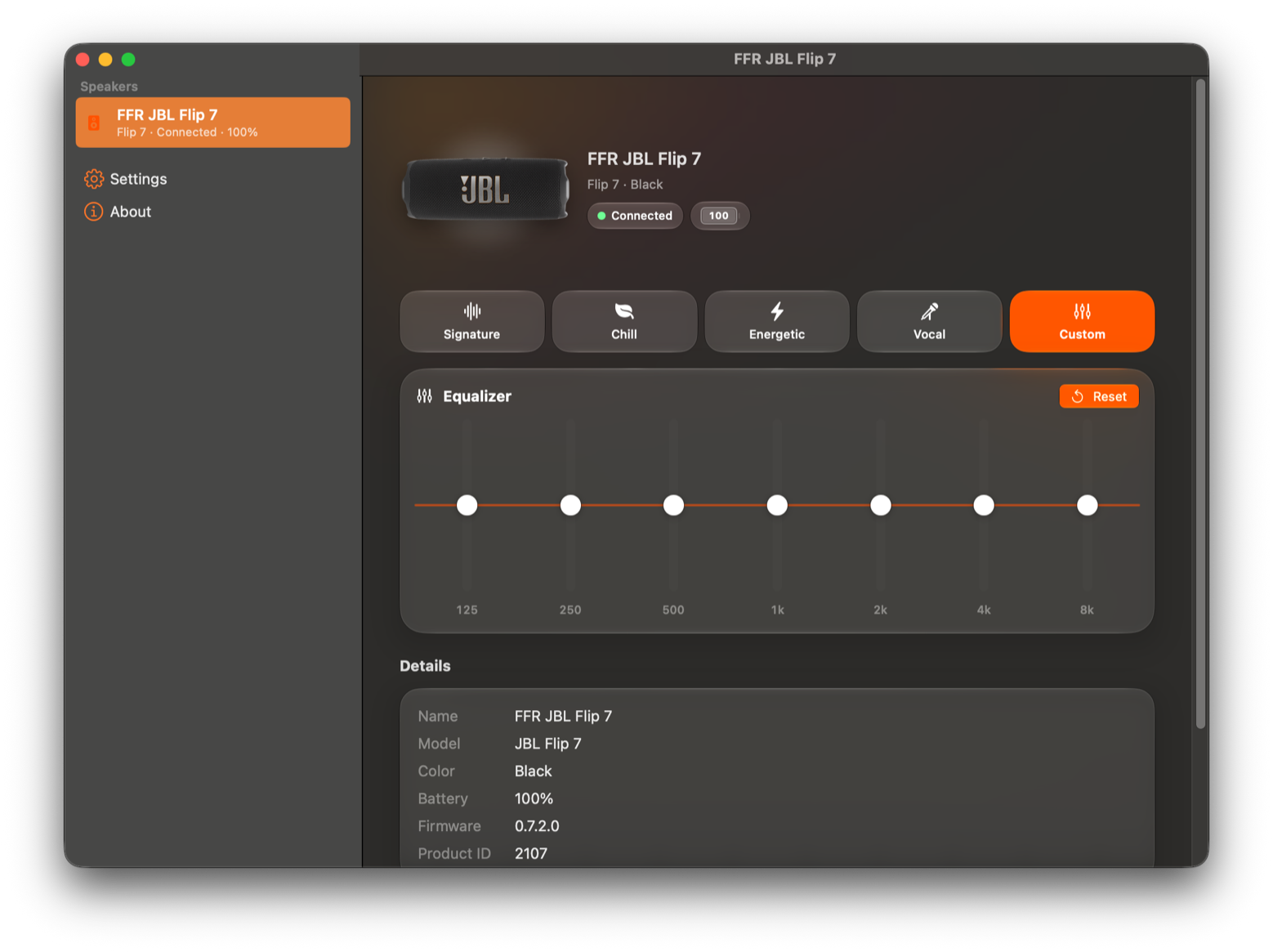 JBLControl's window on a Mac: the speaker in the sidebar, presets, and the custom 7-band equalizer