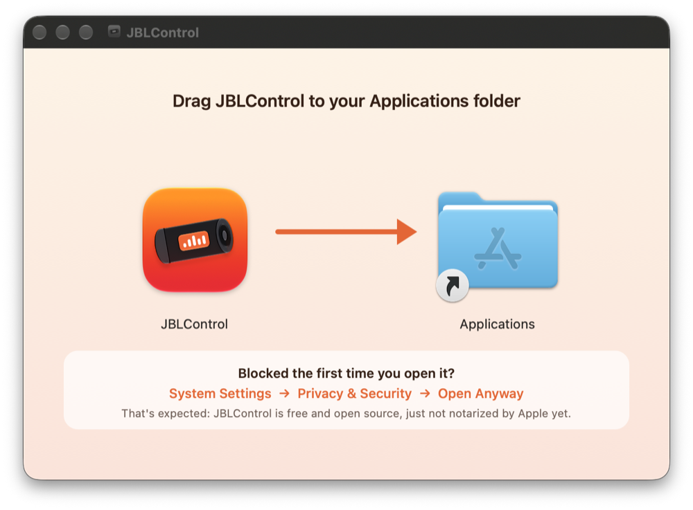 The JBLControl installer window on a Mac: drag the app onto the Applications folder, with a tip for the first launch