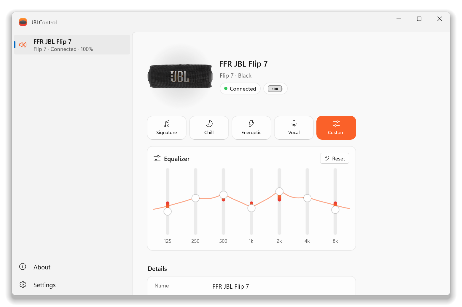 JBLControl's window on Windows: the speaker in the sidebar, presets, and the custom 7-band equalizer